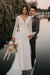 Chiffon A-line V-neck Backless Lace Wedding Dresses, Bridal Gowns
